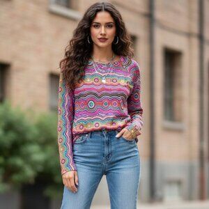 Commando Long Sleeve Stretch Top Psychedelic Spandex Y2K 90s Rave Women sz Small